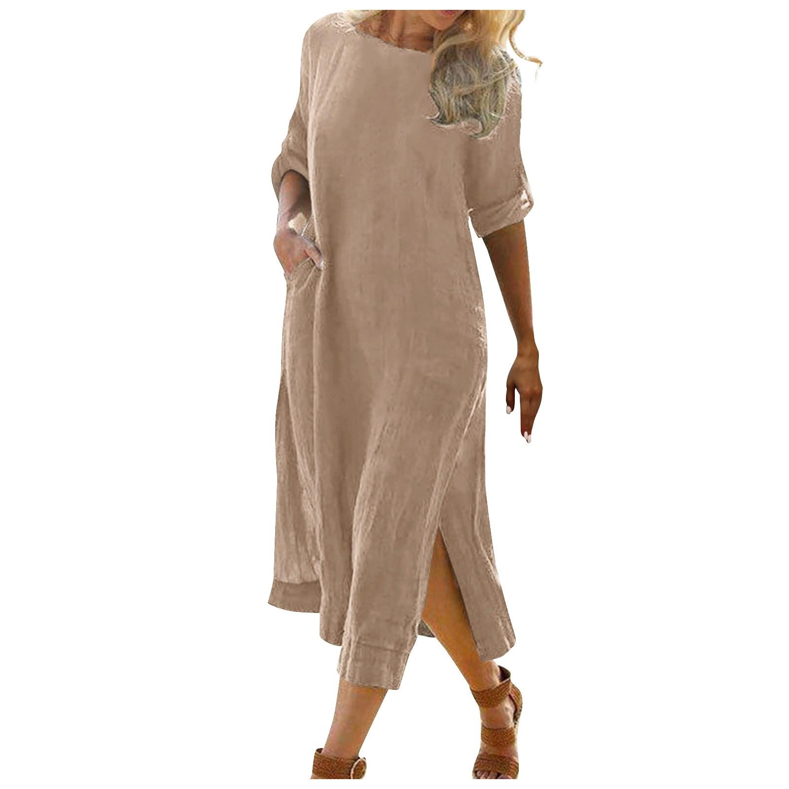 

Женское повседневное модное однотонное свободное платье-рубашка с карманами и половиной рукавов XL хаки