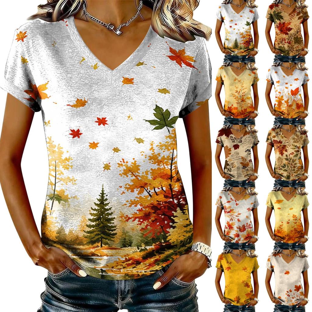 Women's V-Neck Short Sleeve Top with Maple Leaf Print for Casual Everyday Wear