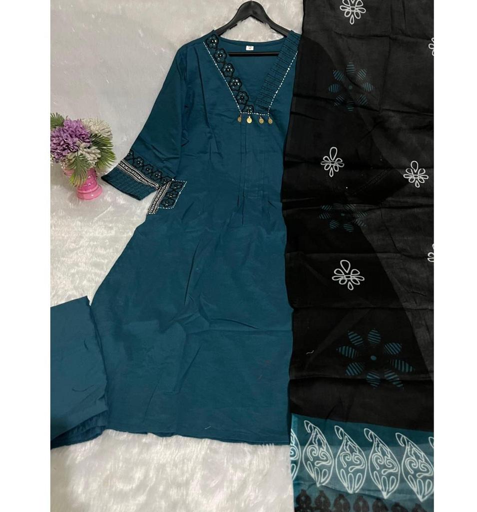 Beautiful V-neck Cotton Kurta Pant Dupatta Set Women Bollywood Top Tunic Salwar Suit