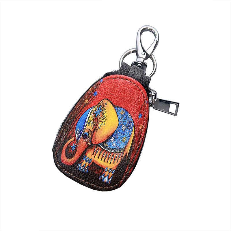 Retro Ethnic Style Women's Genuine Leather Key Bag with Zipper Pendant and Color Print KTY