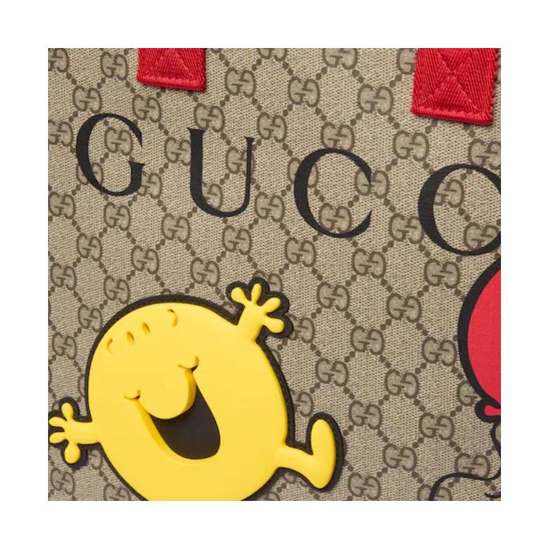 Gucci X little miss co-branded GG Supreme cartoon print design tote bag leather handbag children's style beige and dark brown