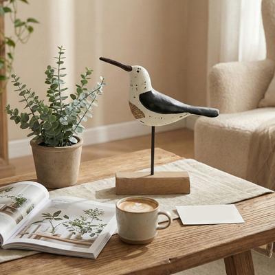Wooden Coastal Bird Figurine Nautical Theme Bird Table Ornament with Base for Living Room Beach Home Decor