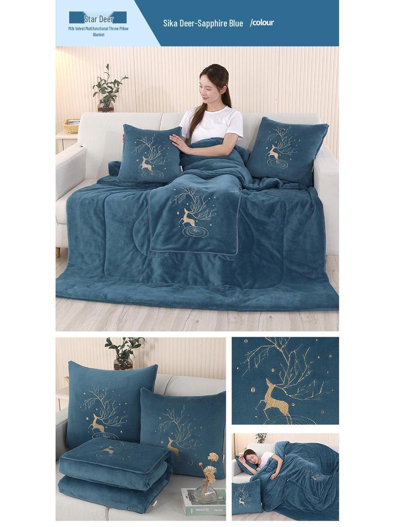 Dual-Use Pillow & Blanket: Crystal Velvet Embroidered Cushion for Car & Office Naps