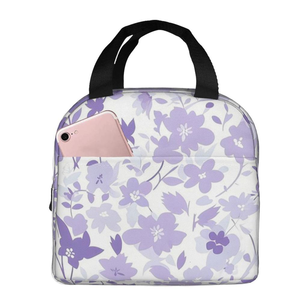 Light Purple Floral Pattern Insulated Lunch Bag for Women Children Portable Food Boxes Thermal Lunch Box Tote