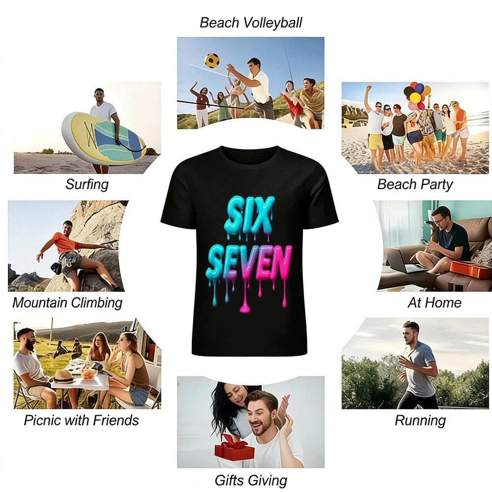 Gradient Fluid Letter SIX SEVEN Trendy Print Casual Short Sleeve T-Shirt Pure cotton T-shirt
