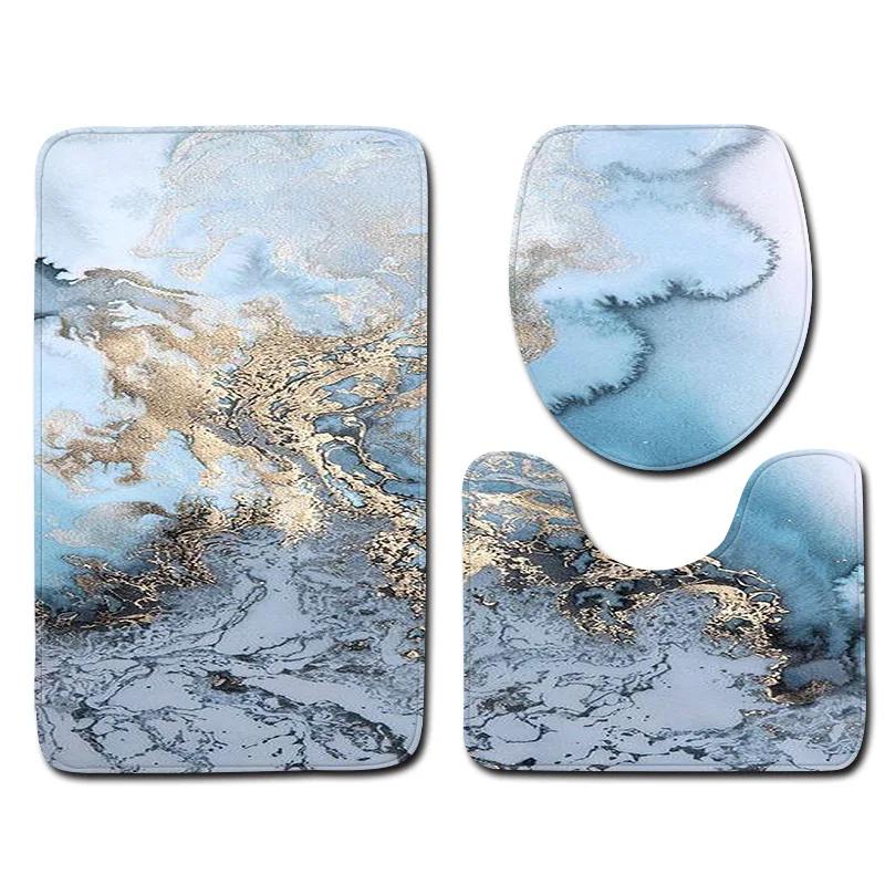 3-piece set Marble Pattern Bath Mats Anti Slip Bathroom Mat Set Washable Toilet Seat Lid Cover Pedestal Rug Set Home Decor