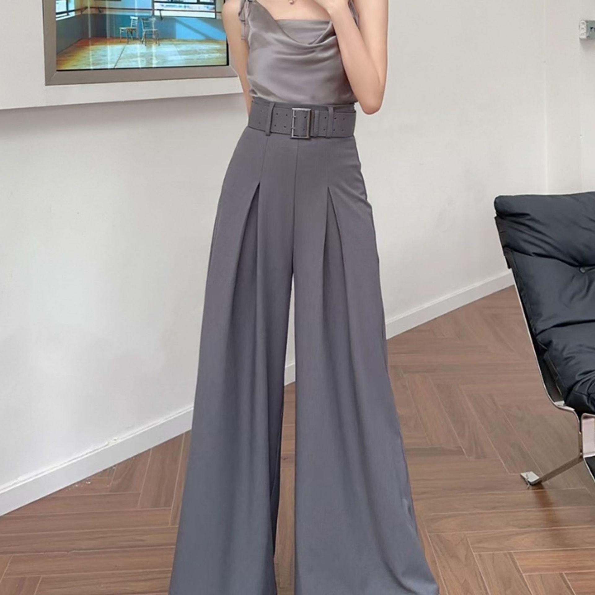 Spring & Autumn Women s High-Waisted Wide-Leg Pleated Skirt Pants - Slimming Korean Style Drapey Suit Trousers 3XL (140-150 lbs)