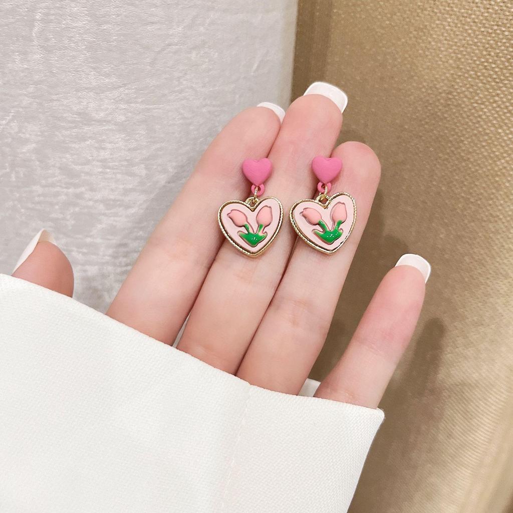 S925 Pink Heart & Tulip Flower Earrings for Women - Sweet Summer Clip-Ons 2022 Trend