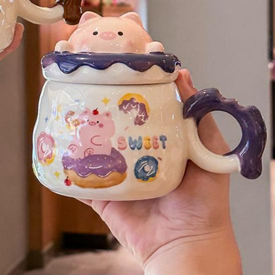 Creative Cute Pig Ceramic Mug Set - Perfect Gift for Girls  Birthdays Cup + Lid + Round Spoon