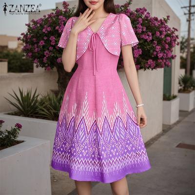 Women Casual Lace Up V-Neck Short Sleeve Print Dress