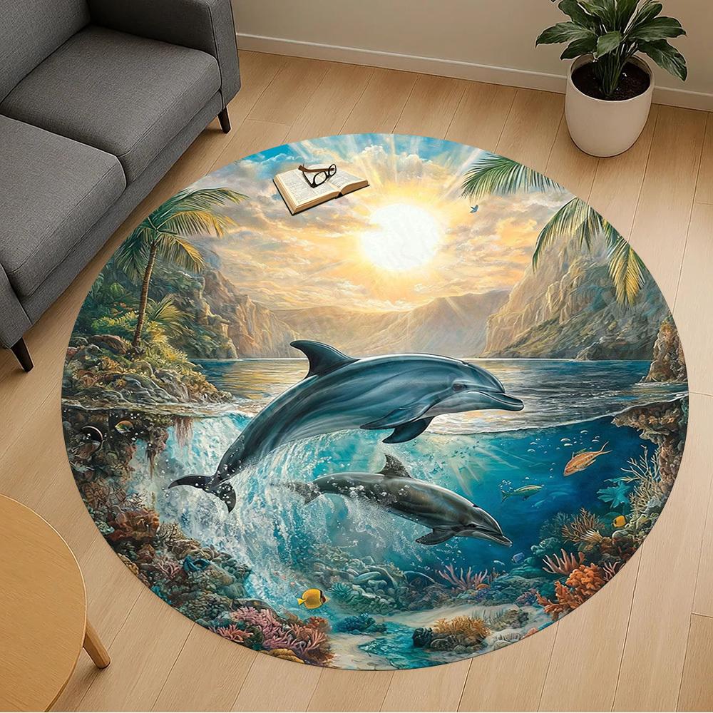 1PC dolphins ocean Office Round Area Rug, Under Office Chairs Bedroom Living Room Home Decor,Carpet for Office, -1110229