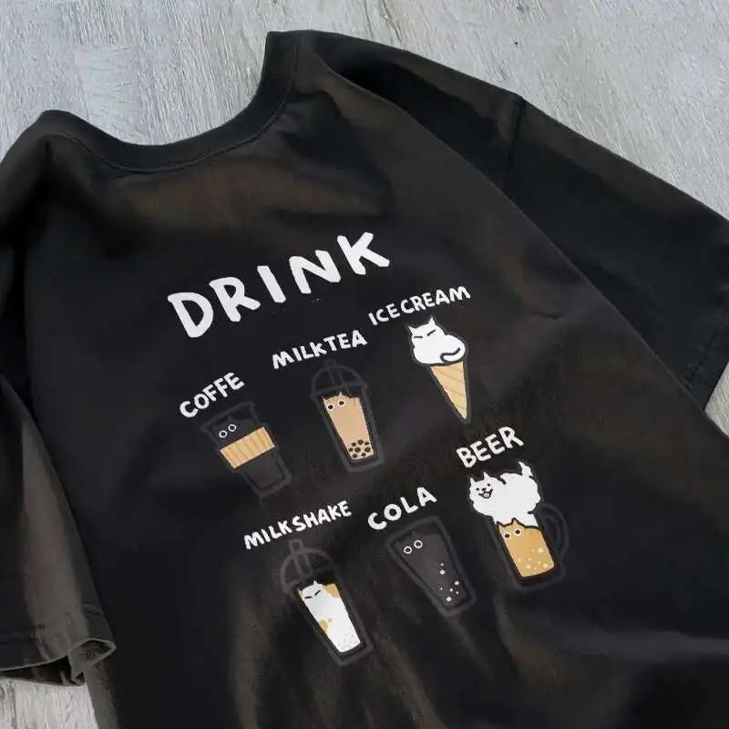 Cartoon Milk Tea Print Tee Summer Cute Bubble Tea Graphic Tshirt Kawaii Soft Tops for Women Daily Outfit Casual Summer Tee Shirt