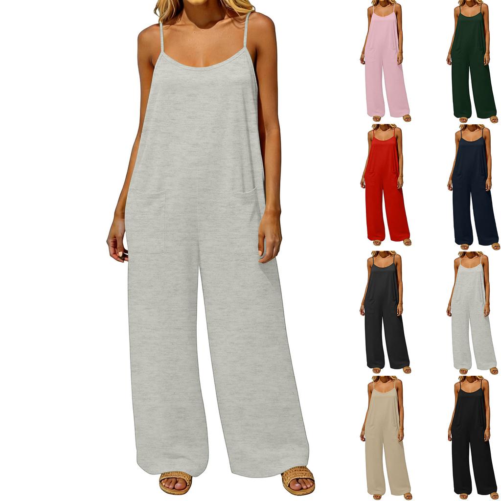 Women's Jumpsuit, Casual And Loose Fit, Featuring A Backless Design With Vintage Thin Straps. This Loungewear Jumpsuit Is Made From A Cotton And Li