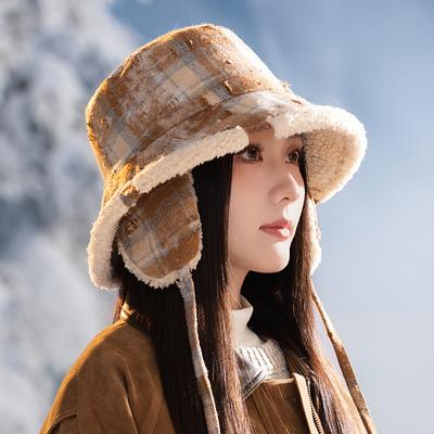 Winter Hat for Women Japanese Retro Thickened Fisherman Hat Plaid Windproof Warm Ear Protection Hat Casual Versatile Plush Hat