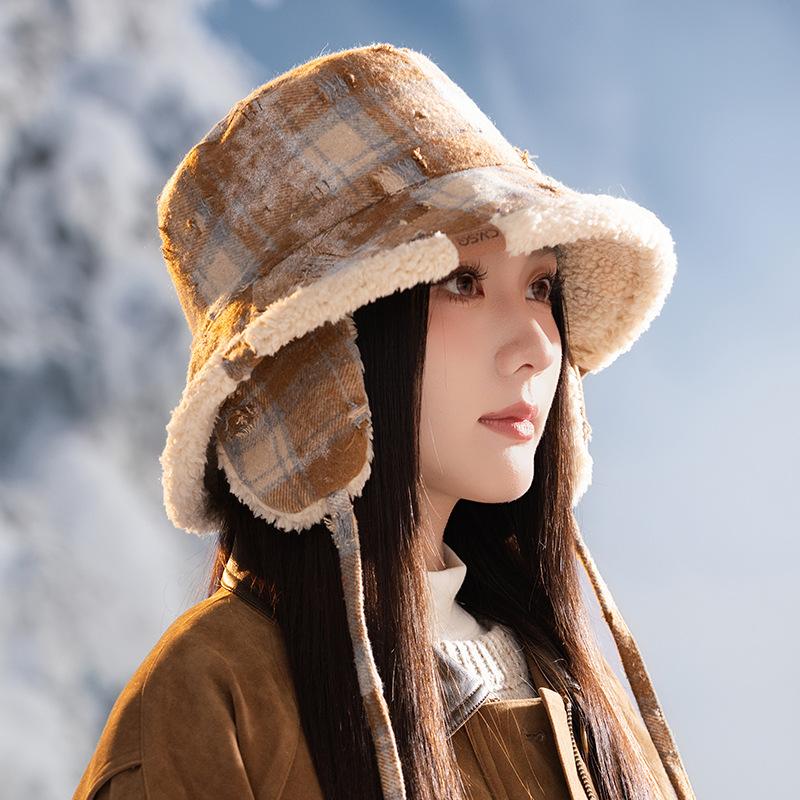 Vintage versatile plaid bucket hat autumn and winter hat women's velvet thermos basin hat big brim ear hat