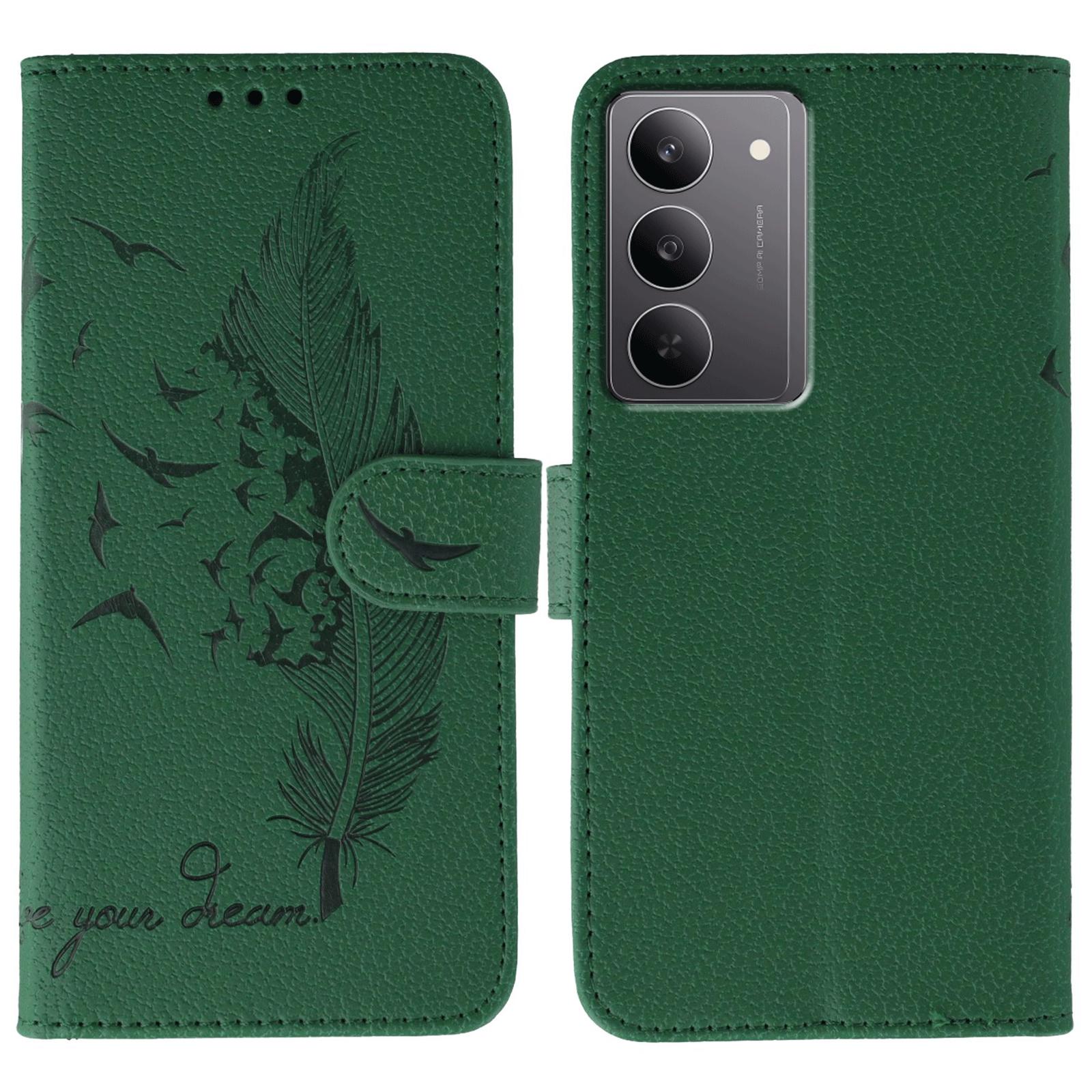

For Realme 14x (India) 5G Case Feather Imprint PU Leather Wallet Phone Cover Green