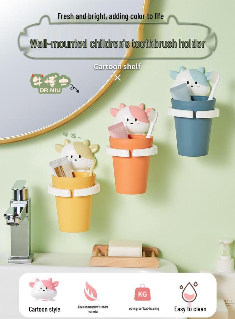 Wall-Mounted No-Drill Toothbrush & Mouthwash Cup for Kids & Students