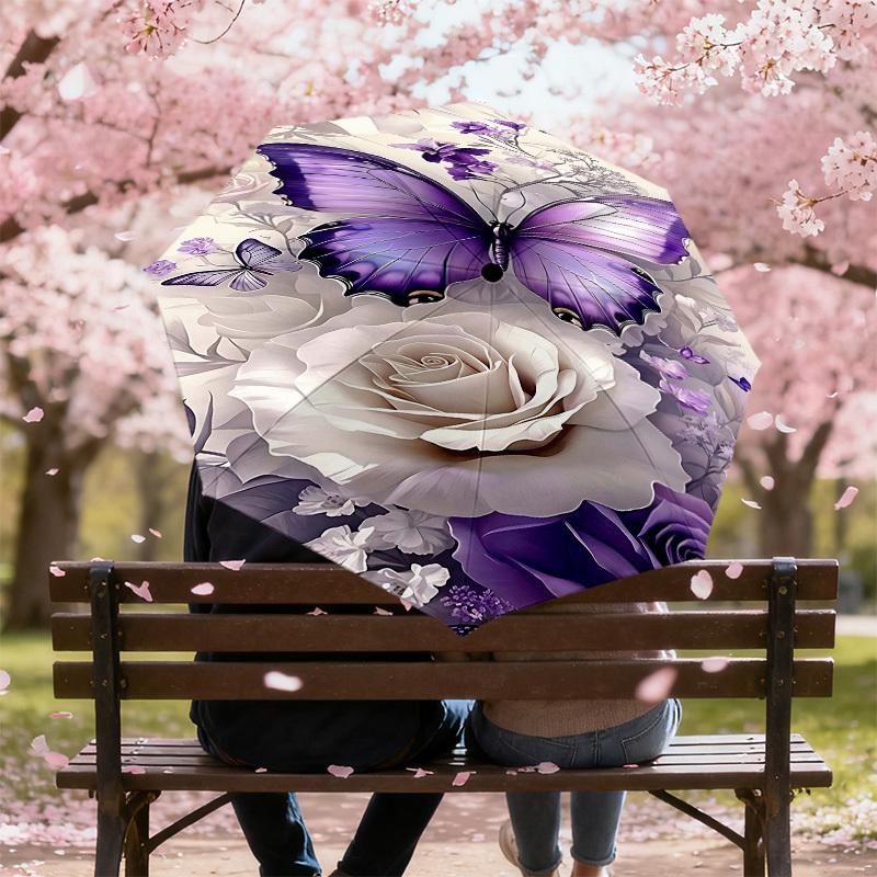 1PC Butterfly Flowers Umbrella-8-Rib Reinforced, Automatic Open, Lightweight & Durable, Fashion Accessory for Outdoor, H0410
