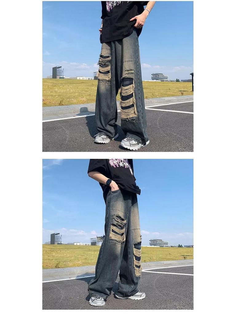 Men's Summer American Retro Ripped Wide-Leg Jeans - Washed, Distressed, Loose Fit, High Street Style.