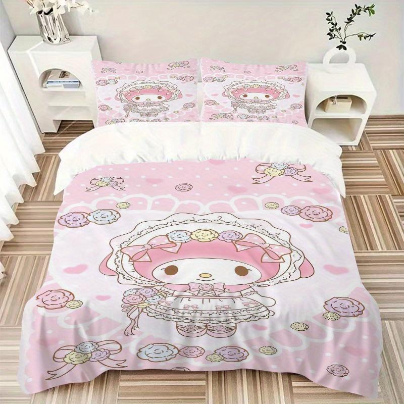 3pcs Pink Flowers My Melody Bedding Set, Including 1 Quilt Cover and 2 Pillow Shams, Without Filling, Soft and Comfortable Home Bedroom Fabr