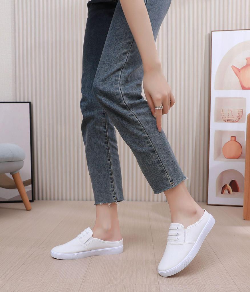 White Women's 2024 Summer Versatile Two-Way Flat Canvas Slip-On Shoes