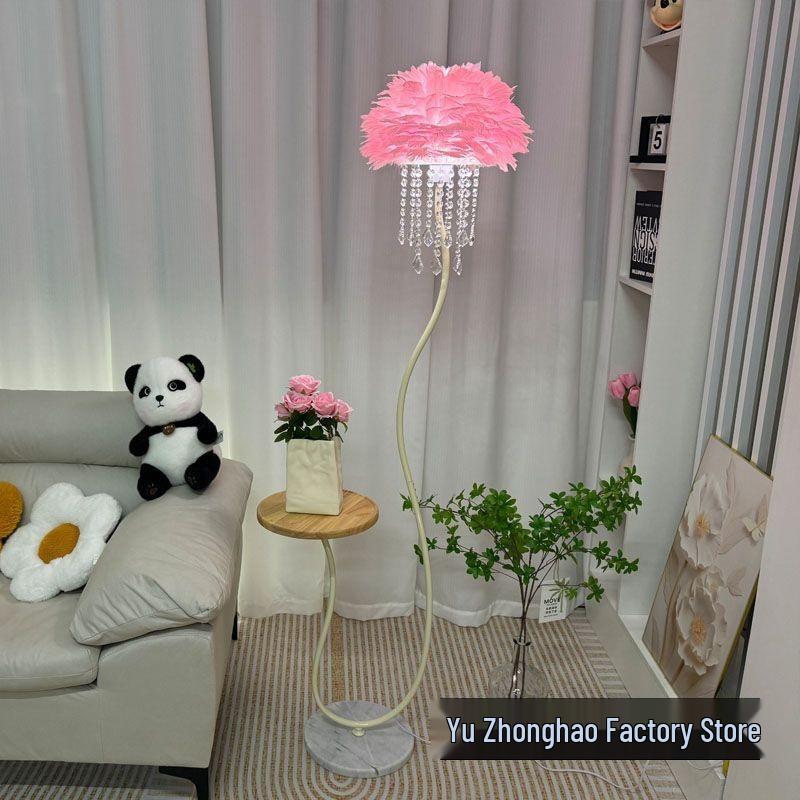 Elegant Crystal Feather Floor Lamp with Side Table Storage - Perfect for Living Room or Bedroom
