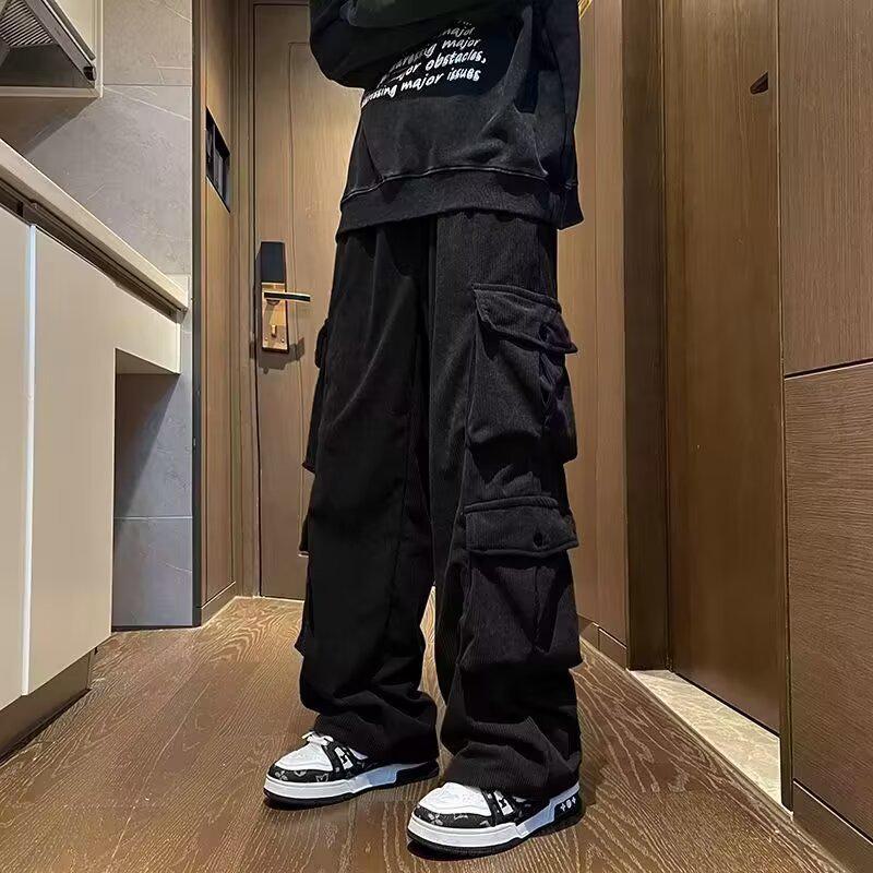 

Мужской винтажный вельветовый комбинезон с широкими штанинами — модный, с множеством карманов, в американском ретро-стиле для осени L чёрный