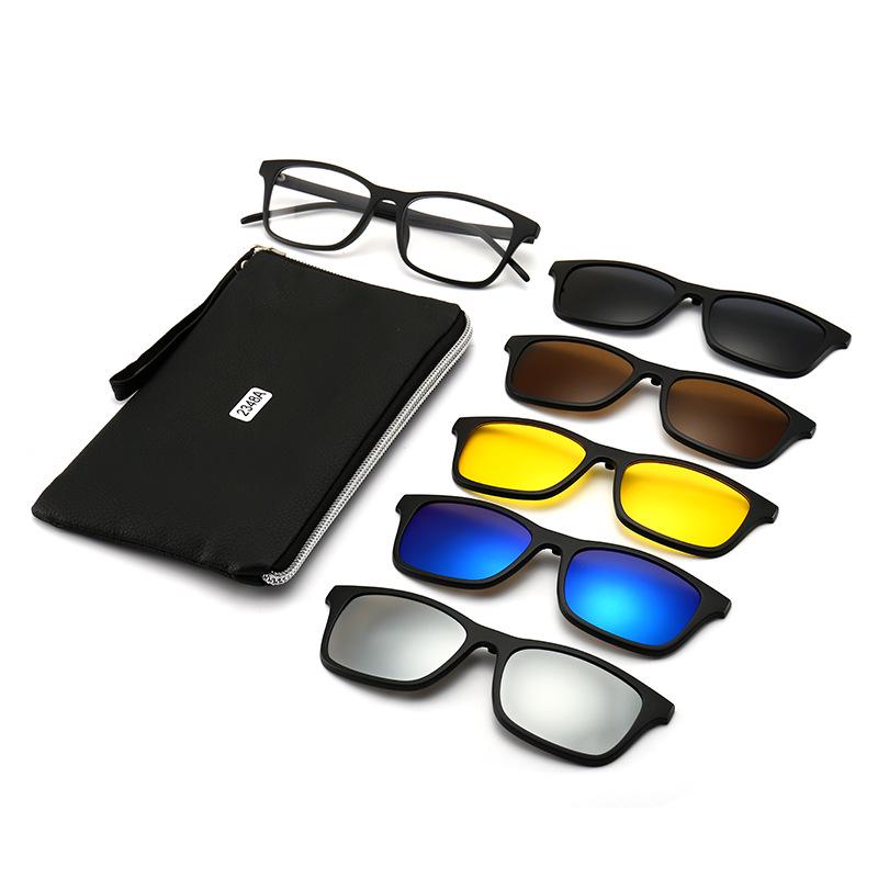 TR90 5-Piece Magnetic Clip-On Polarized Sunglasses Set with Pouch for Men & Women