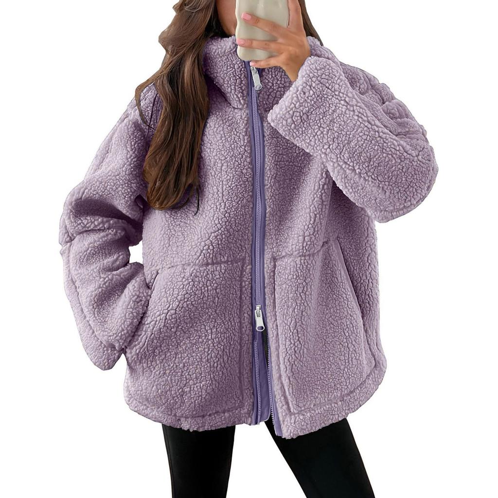 Women's Plush Jacket Casual Long Sleeve Oversized Warm Double Zipper Winter Teddy Coat