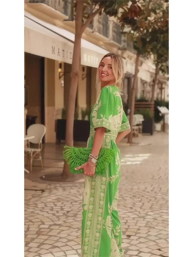 2024 Spring Women's V-Neck Short-Sleeve Printed Jumpsuit