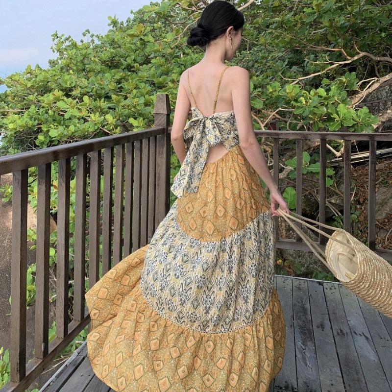 Summer New Vacation Loose Thin Suspender Long Skirt Collar Printing Layered Splicing Temperament Floral Dress Women