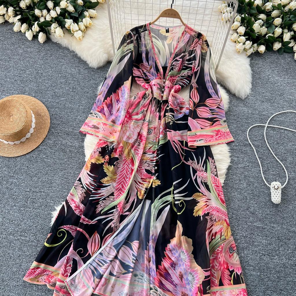 Spring Summer Bohemain Long Dress Women's V-Neck Flare Sleeve Floral Print Single Breasted High Waist A-Line Chiffon Vestidos