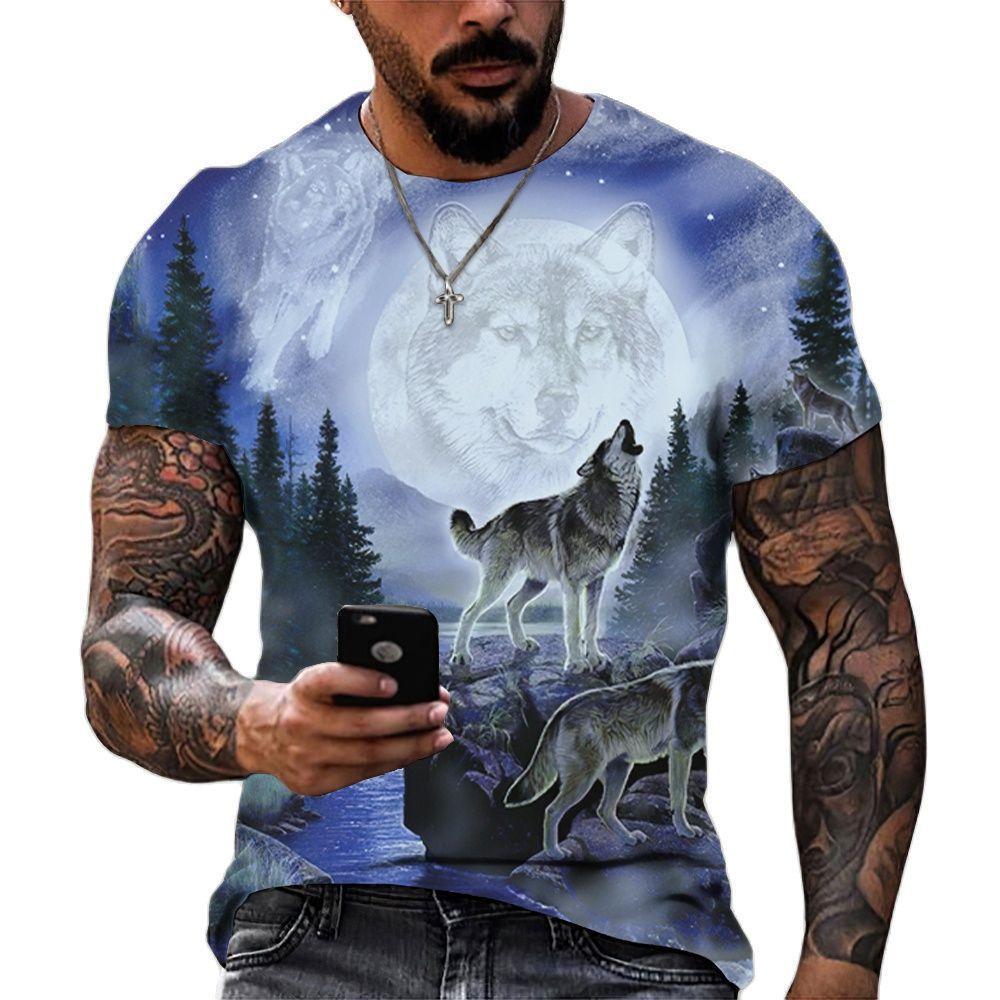 Men's Short Sleeve T-Shirt, 3D Howling Wolf Moon Print, Stylish Casual Wear