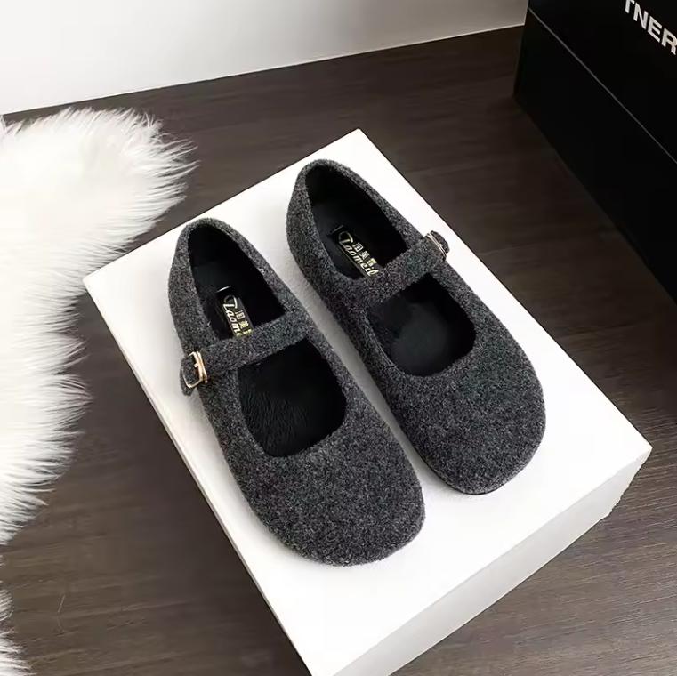 Square Toe Felt Woolen Mary Janes Woman Tabis Flats Cotton Shoes Ladies Winter Strap Buckle Loafers Female Boots Furry Mocasines