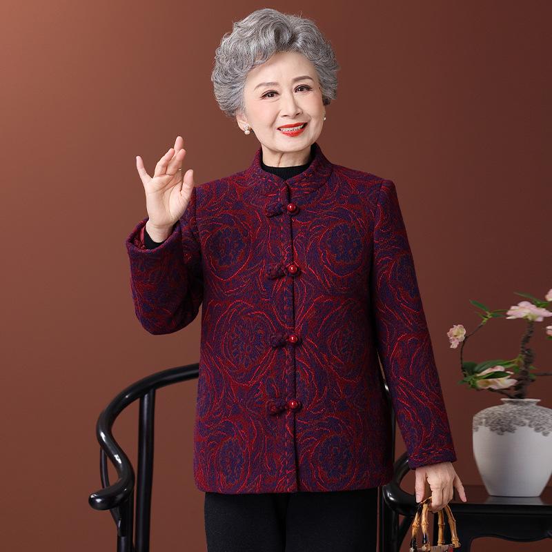Elderly Women's Velvet Wool Coat: Thickened Winter Tang Suit