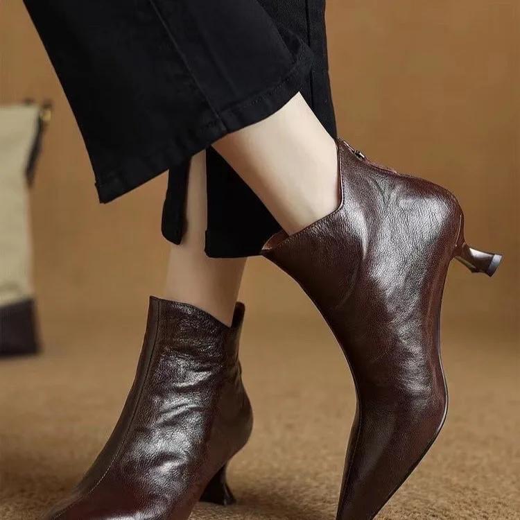 

Винтажные женские ботильоны с острым носком, модная обувь на толстом каблуке, лаконичные короткие ботильоны для женщин 37 коричневый