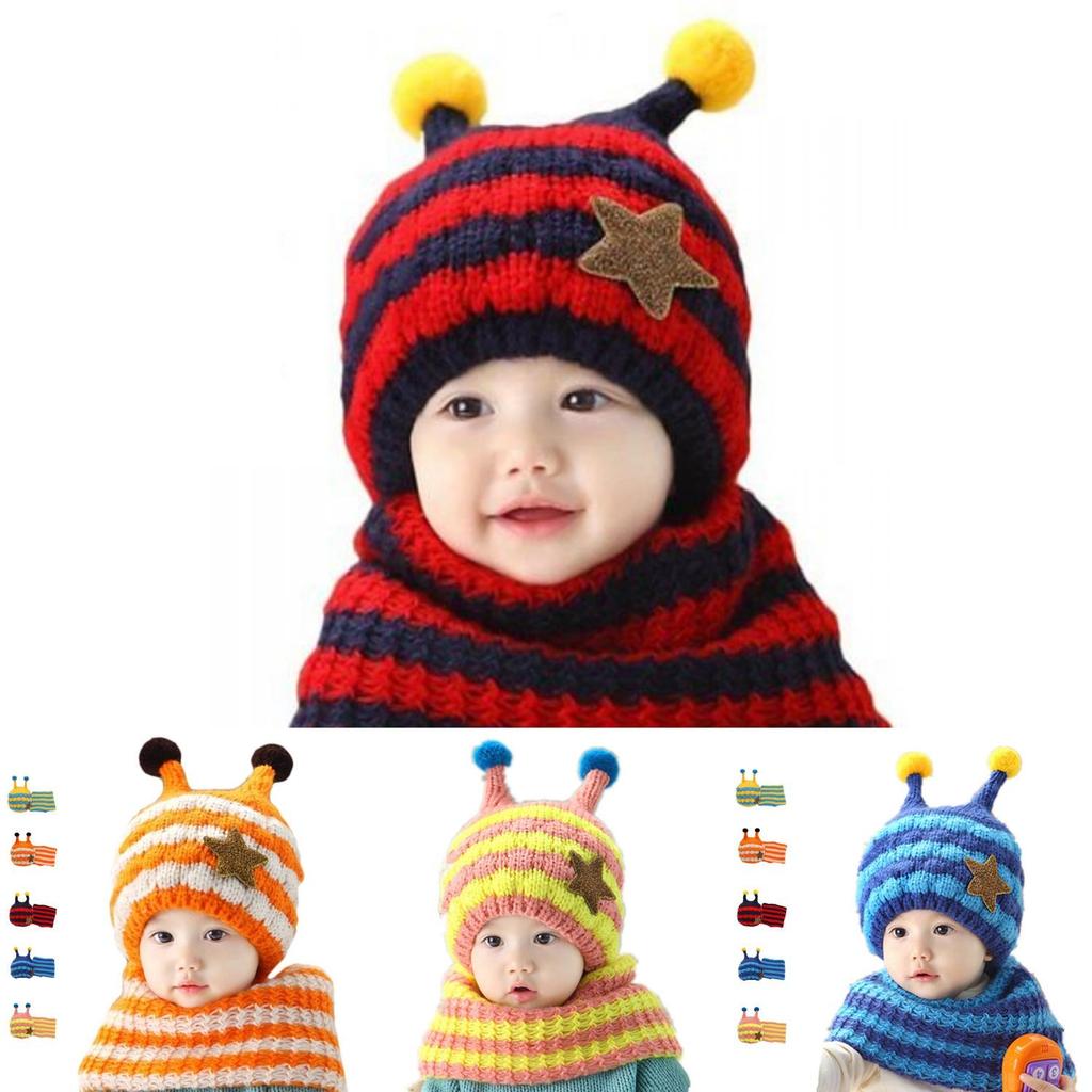Winter Kids Hat With Plush Ear Protection Big Five-pointed Star Hat Scarf Set Striped Woolen Material Blue Yellow Orange Red Pink