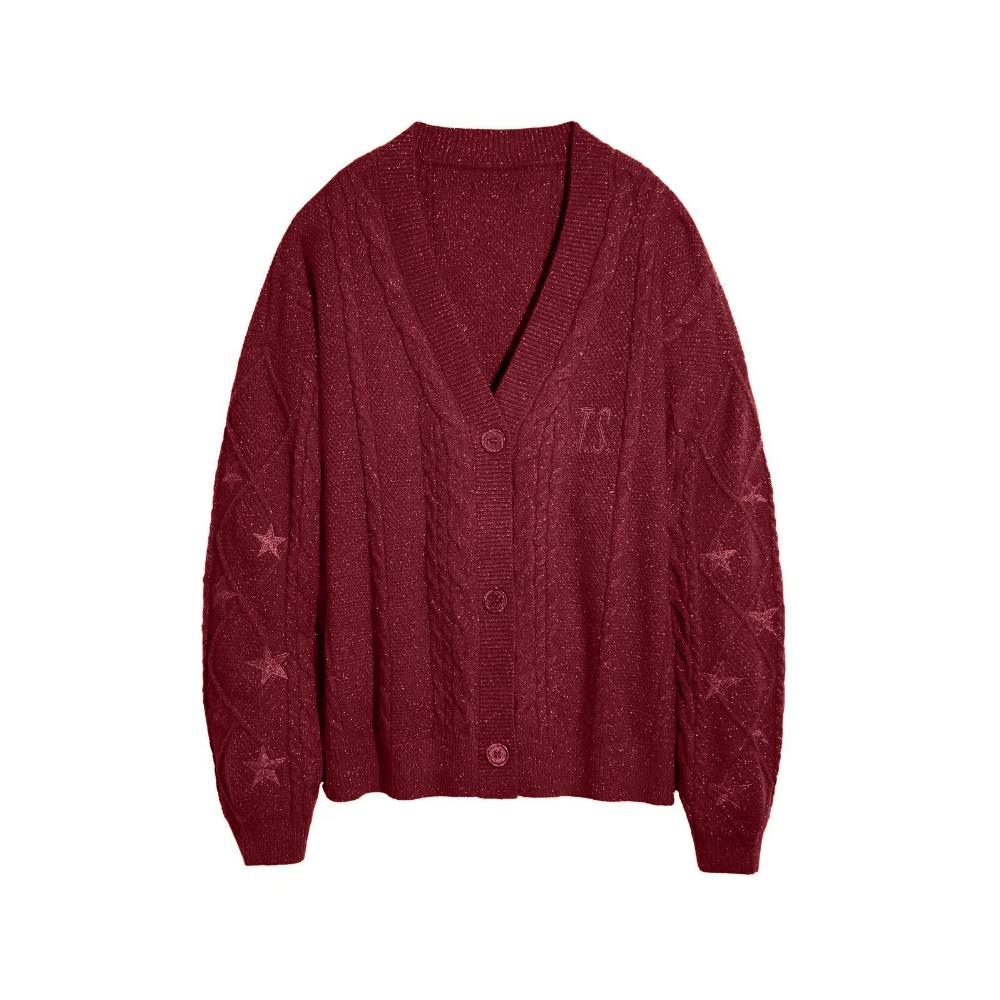 Women's V Neck Cable Knit Cardigan Star Embroidery Loose Lazy Style Wool Sweater Coat