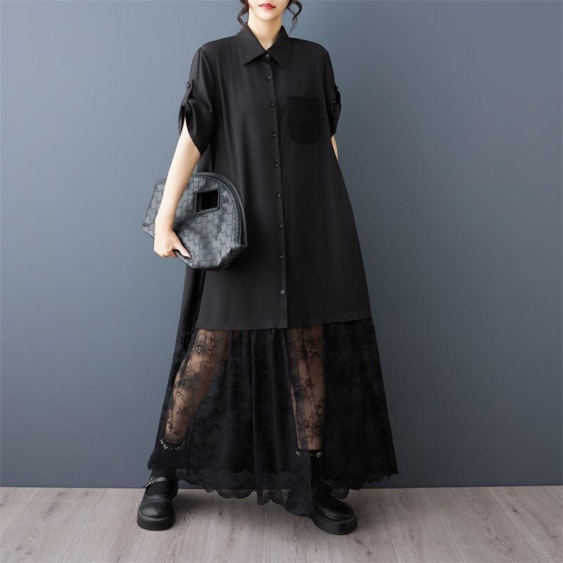 Kurzarm Übergröße Baumwolle Spitze Vintage Schwarz Neu in Kleider für Damen Freizeit Locker Lang Sommer Hemdbluse