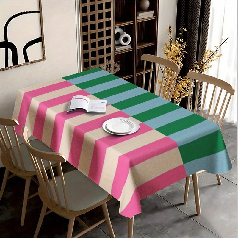 1 Piece Tablecloth - Pink, Blue and Green Horizontal Stripes - Durable and Easy To Clean Polyester Dining Table Cover