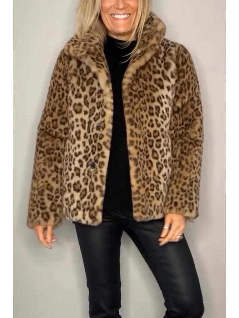 2024 Winter Women's Fashion Leopard Print Faux Fur Coat