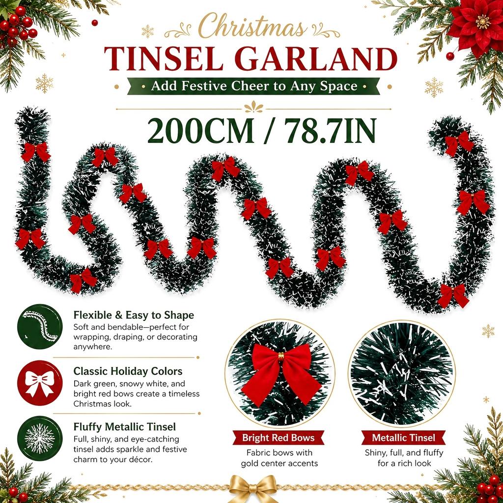 28-Piece Red Bow & Green Christmas Tinsel Garland - Dense & Shiny Holiday Sequin Party Wreath for Tree and Indoor/Outdoor Decor