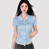 Sweetown Blue Stripe Short Sleeve Shirts For Women Button Up Turn Down Collar Slim Simple Casual Preppy Tops Basic Summer Tees