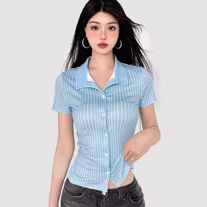 

Sweetown Blue Stripe Short Sleeve Shirts For Women Button Up Turn Down Collar Slim Simple Casual Preppy Tops Basic Summer Tees L синий