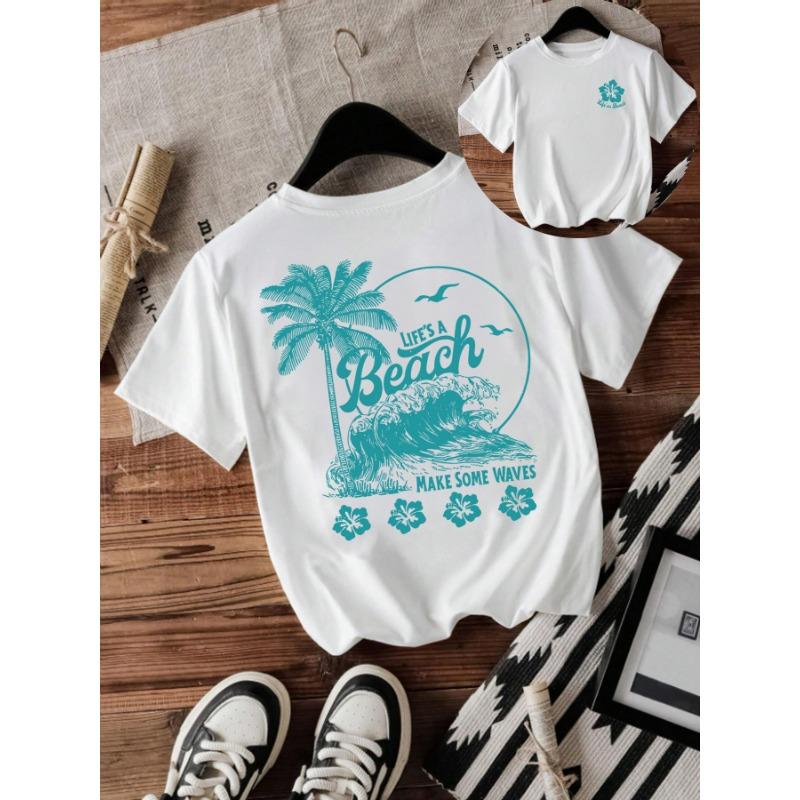 

Футболка с круглым вырезом, модным принтом «Пляж и волны», свободными короткими рукавами XXL белый