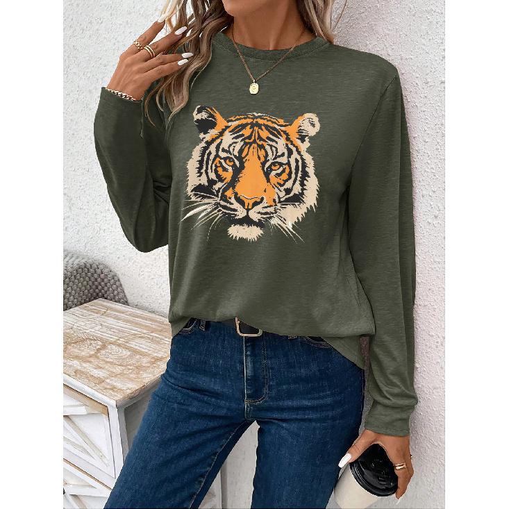 Women's casual sports long sleeve T Shirt Tiger print, fashionable loose fit Comfortable and versatile outdoor everyday wear for spring and summer
