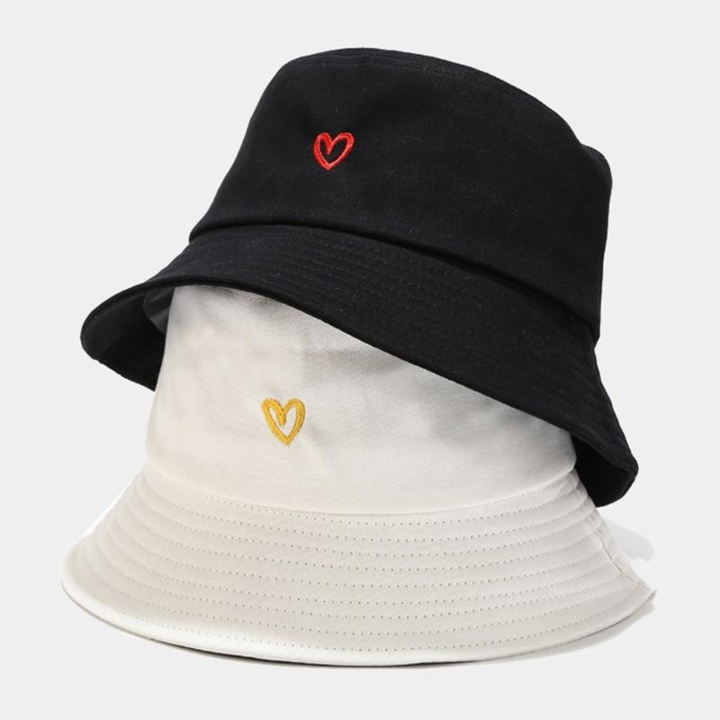 Embroidered Cotton Fisherman Hats for Women Girls Stylish Heart Design Beach Sun Protection Adjustable Fit