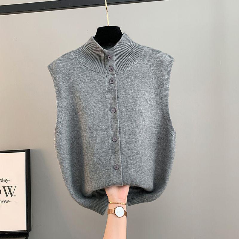 Double-Sided Women's Half-High Collar Cable Knit Vest Sweater - Autumn/Winter French Style Loose Fit.