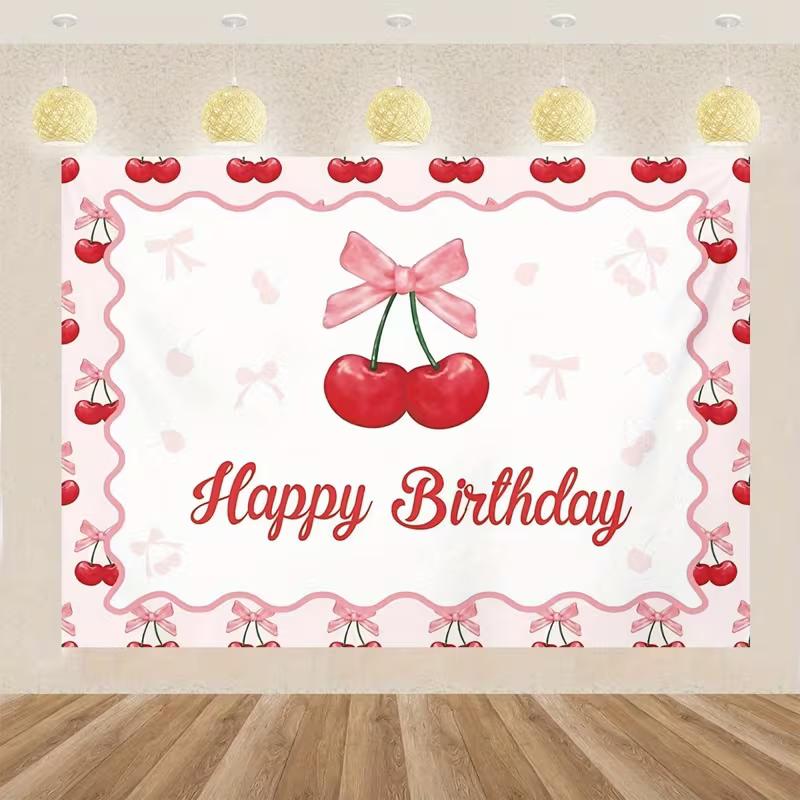 2D Watercolor Cherry with Pink Bow Happy Birthday Backdrop