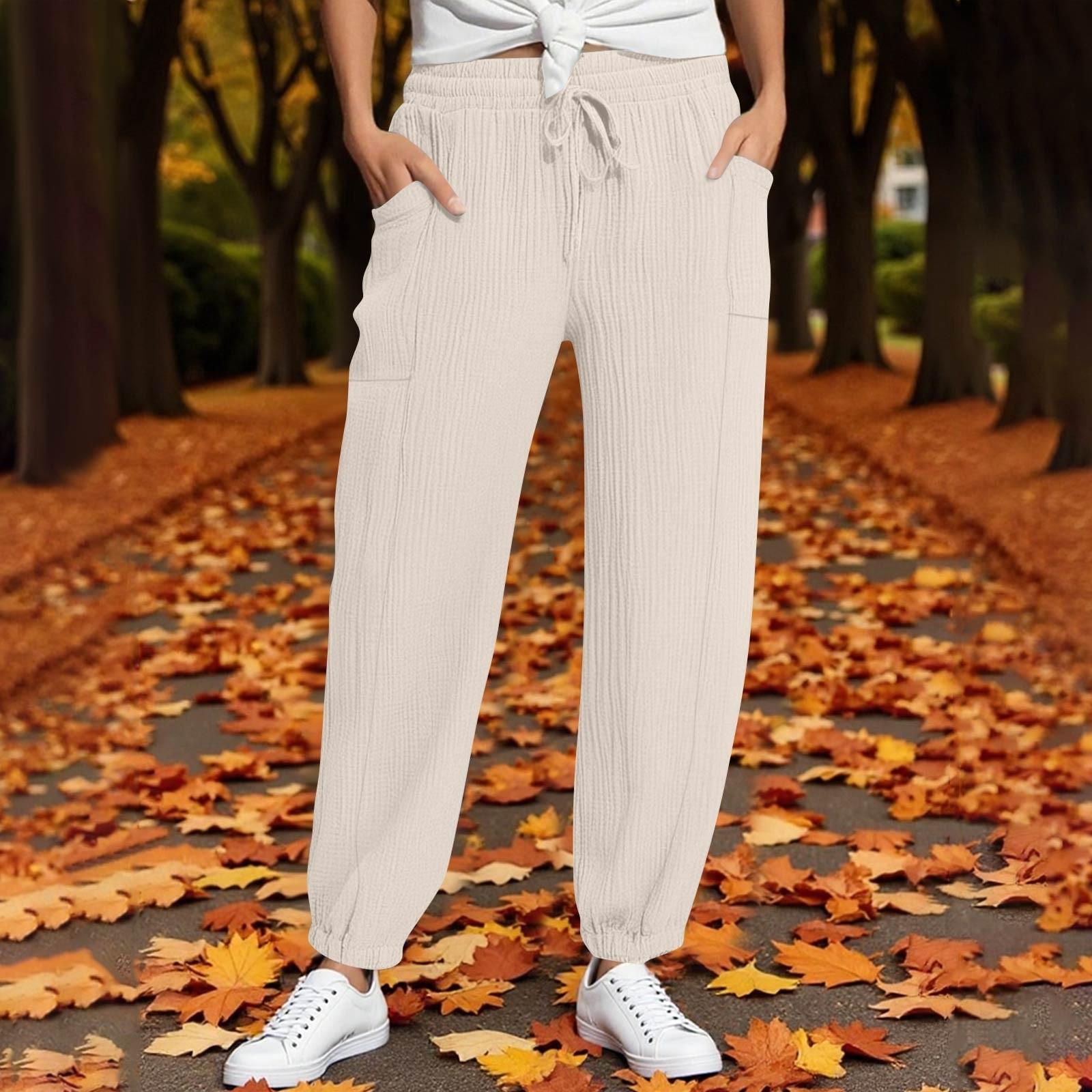 

Женские брюки Модные повседневные брюки Однотонные брюки на кулиске с высокой талией и карманами S бежевый